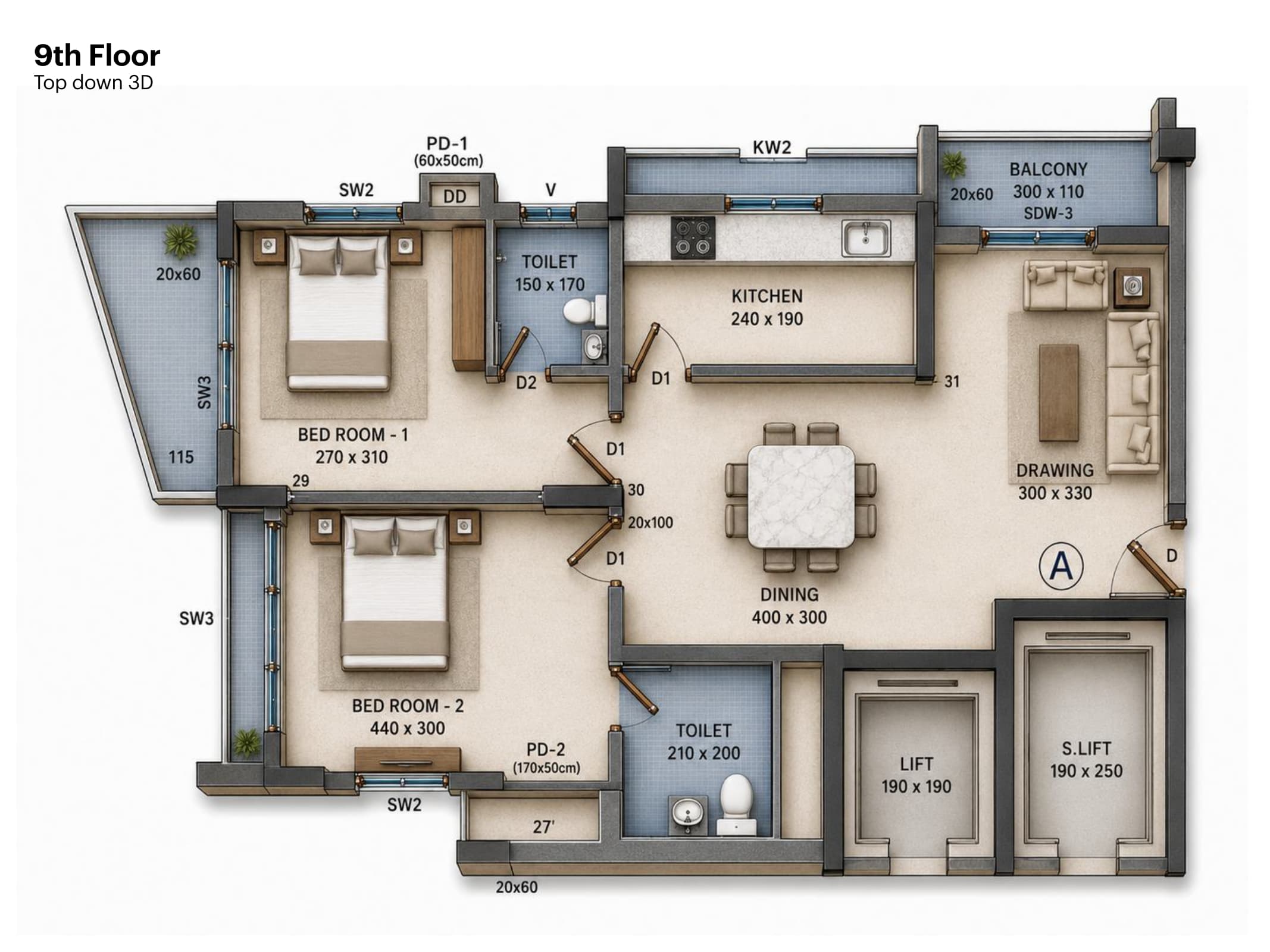 974 SQFT 3D Top-Down Furnished